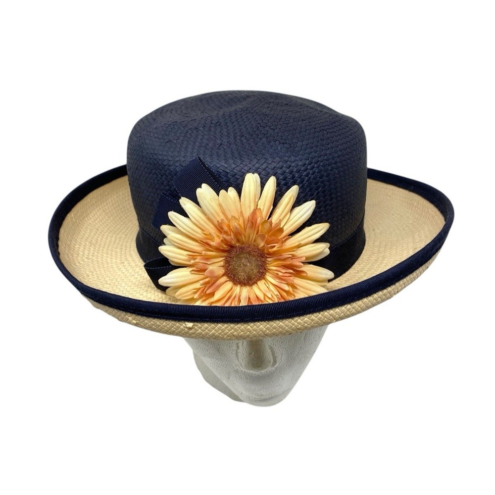 Vintage TOP THIS INC Womens Classic 90's Sunflower Straw Hat Navy Blue and Sand